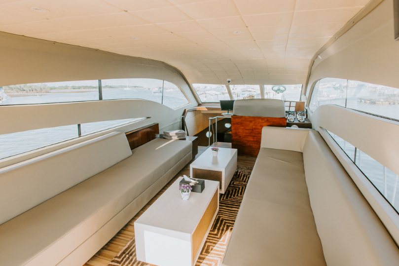boat charter Bali to Nusa Penida luxury yacht interior