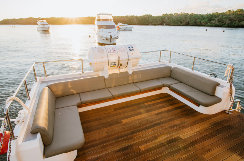 boat charter Bali to Nusa Penida luxury yacht interior